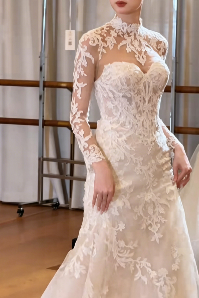 Graceful High Collar Long Sleeve Prom Dress Lace Mermaid Evening Dress GG6406