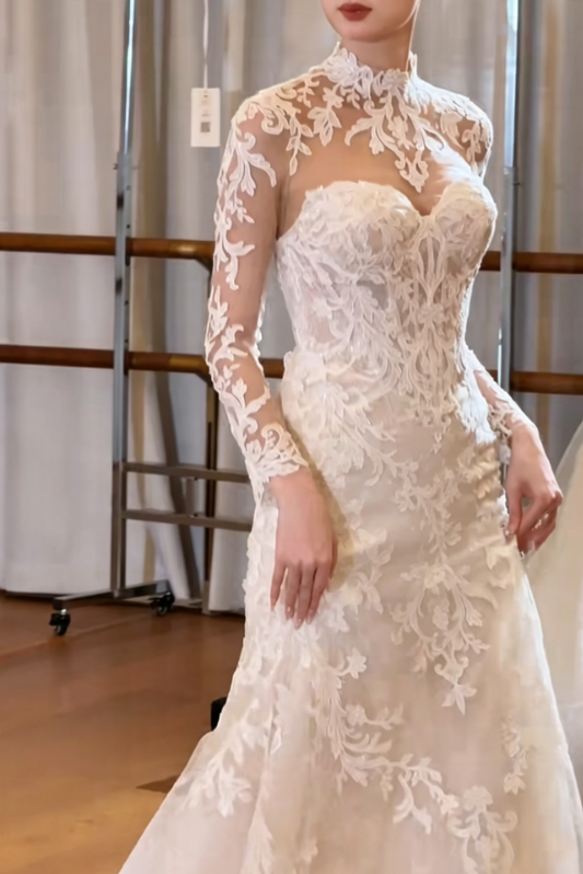 Graceful High Collar Long Sleeve Prom Dress Lace Mermaid Evening Dress GG6406