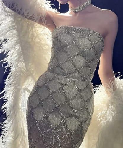 Luxurious Strapless Champagne Prom Dress Sequins Beaded Sheath Evening Dress GG6409