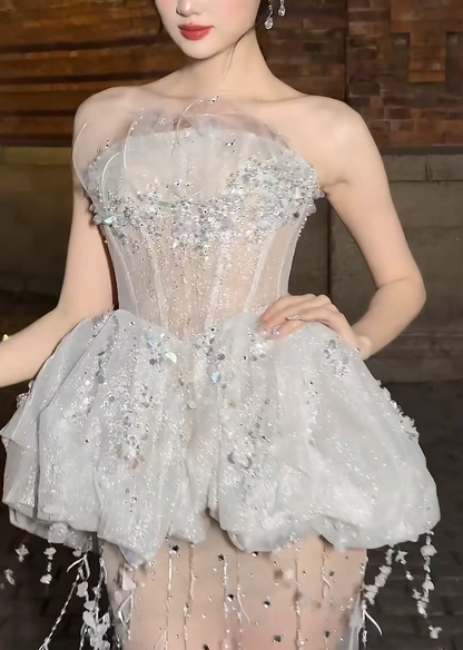 Alluring Strapless White Prom Dress Sequins Tassel Sheath Evening Dress GG6412