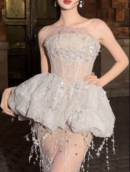 Alluring Strapless White Prom Dress Sequins Tassel Sheath Evening Dress GG6412
