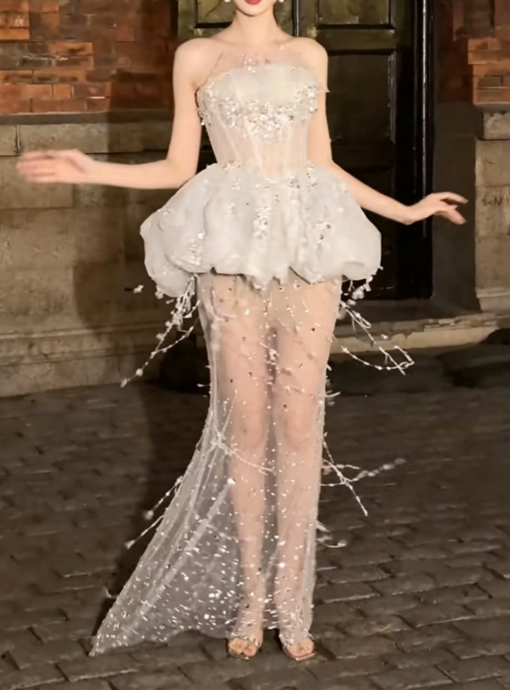 Alluring Strapless White Prom Dress Sequins Tassel Sheath Evening Dress GG6412