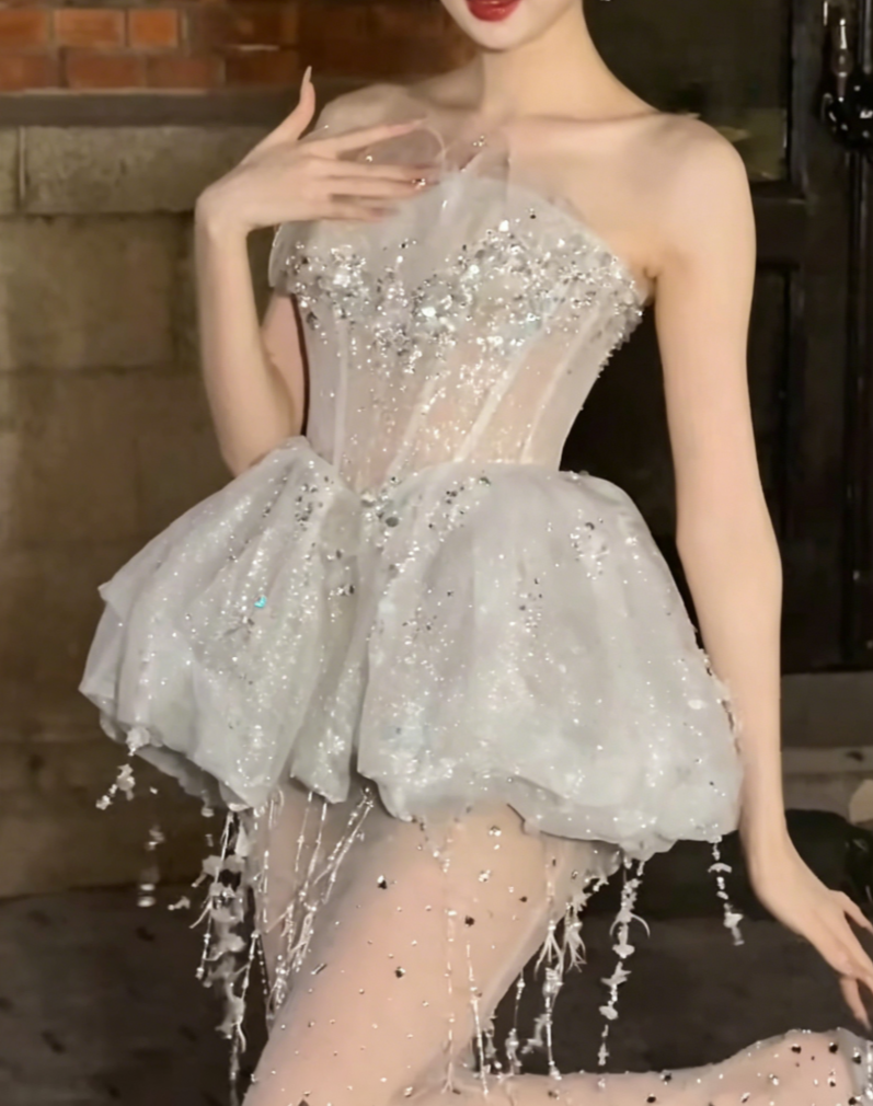 Alluring Strapless White Prom Dress Sequins Tassel Sheath Evening Dress GG6412