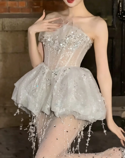 Alluring Strapless White Prom Dress Sequins Tassel Sheath Evening Dress GG6412