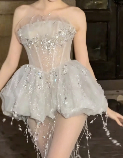 Alluring Strapless White Prom Dress Sequins Tassel Sheath Evening Dress GG6412
