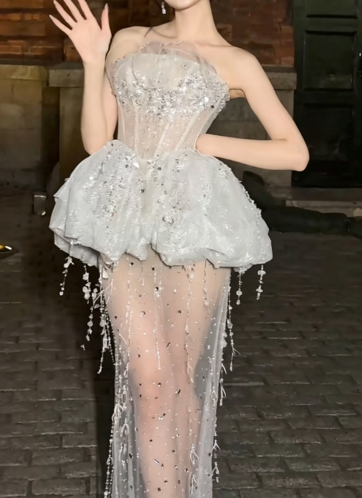 Alluring Strapless White Prom Dress Sequins Tassel Sheath Evening Dress GG6412