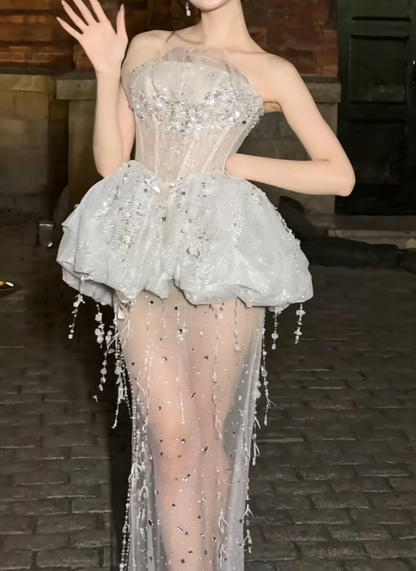 Alluring Strapless White Prom Dress Sequins Tassel Sheath Evening Dress GG6412