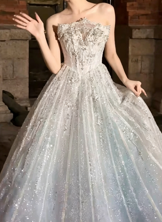 Romantic Strapless Blue Prom Dress Sequins Beaded A-Line Evening Dress GG6413