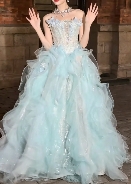 Ornate Strapless Green Prom Dress Appliques Ruffles Sequins A-Line Evening Dress GG6414