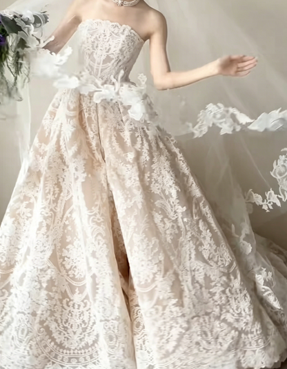 Lovely Strapless Lace Wedding Dress High Slit A-Line Bridal Dress GG6416