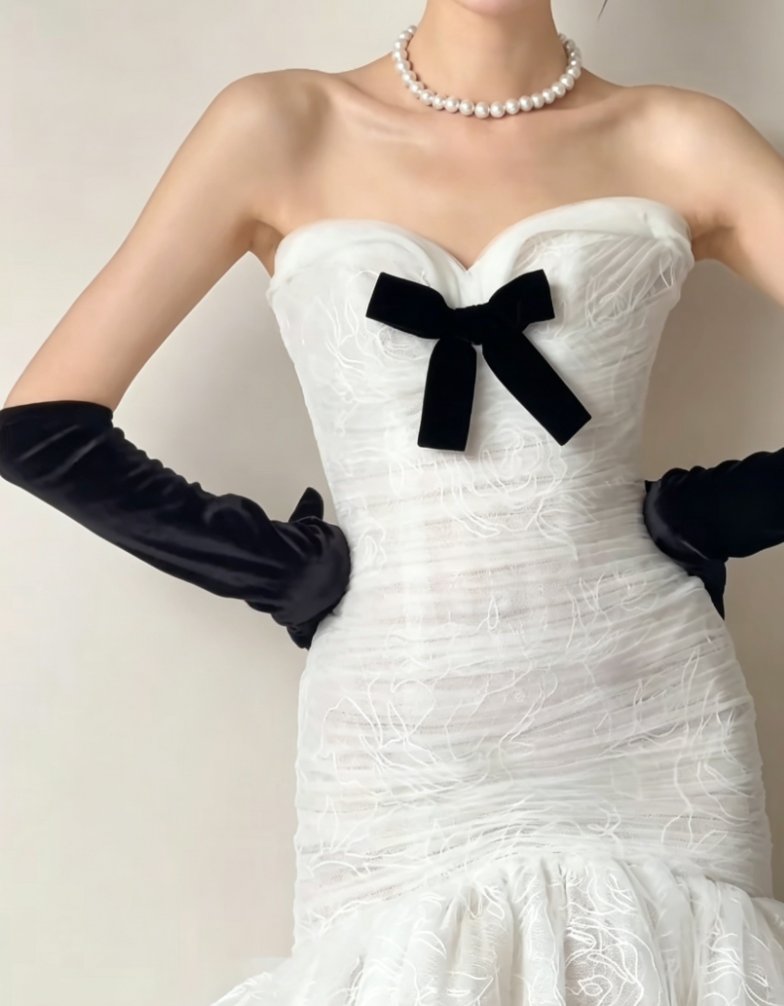 Fascinating Strapless White Prom Dress Bows Mermaid Evening Dress GG6417