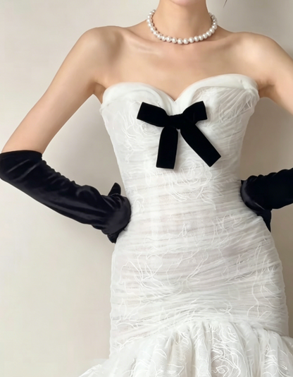Fascinating Strapless White Prom Dress Bows Mermaid Evening Dress GG6417