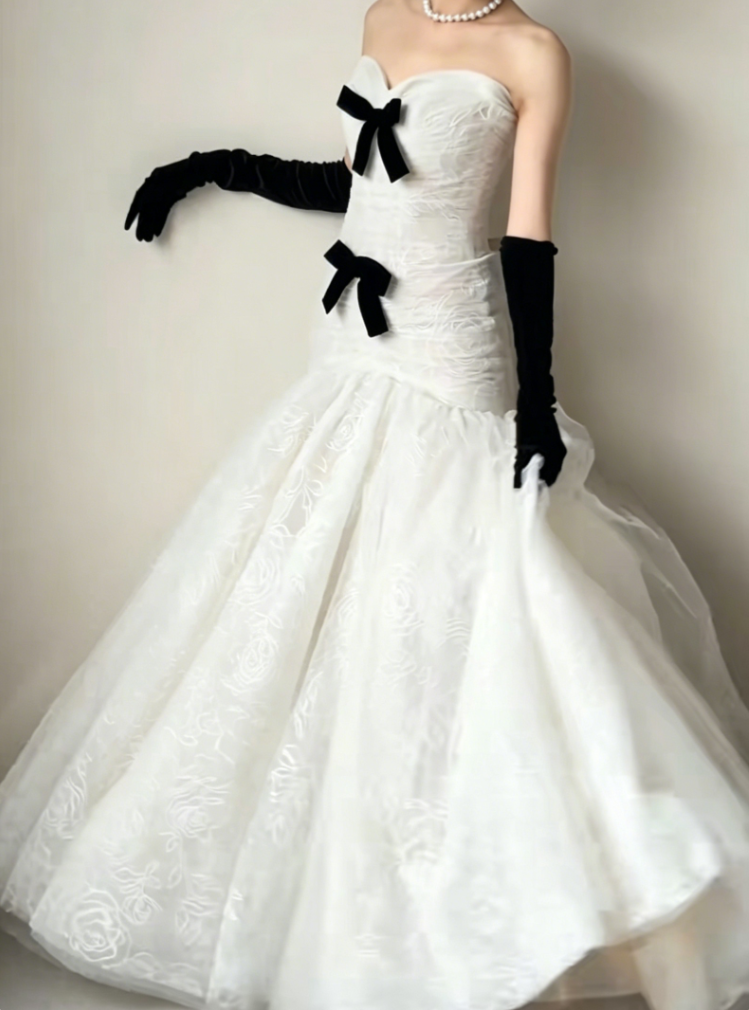 Fascinating Strapless White Prom Dress Bows Mermaid Evening Dress GG6417