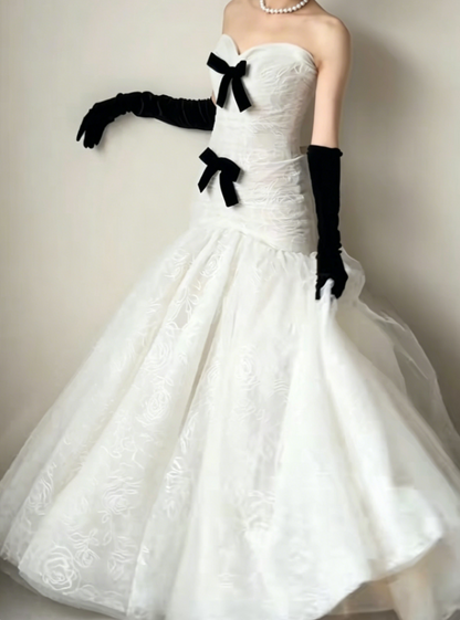 Fascinating Strapless White Prom Dress Bows Mermaid Evening Dress GG6417