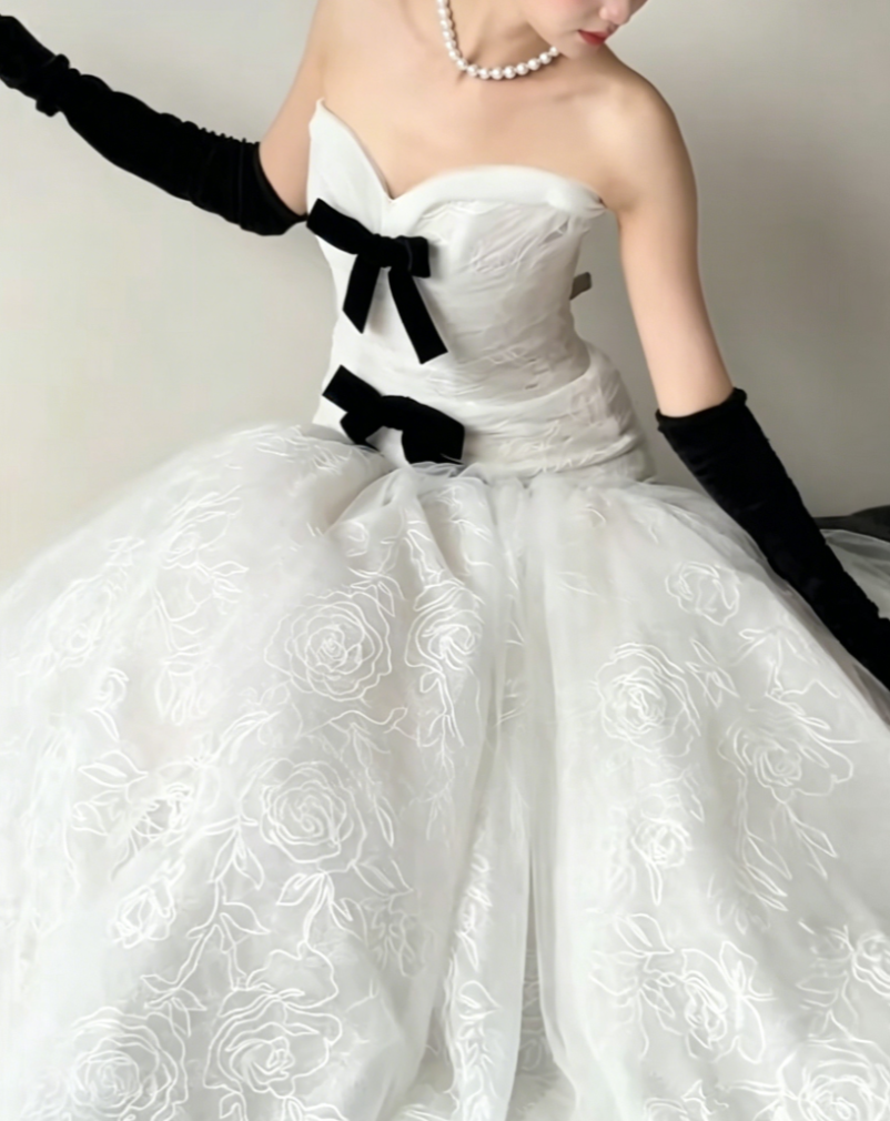 Fascinating Strapless White Prom Dress Bows Mermaid Evening Dress GG6417