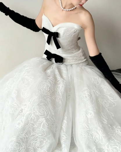 Fascinating Strapless White Prom Dress Bows Mermaid Evening Dress GG6417