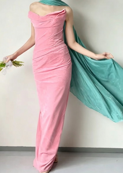 Elegant Strapless Pink Prom Dress With Scarf Velvet Sheath Evening Dress GG6418