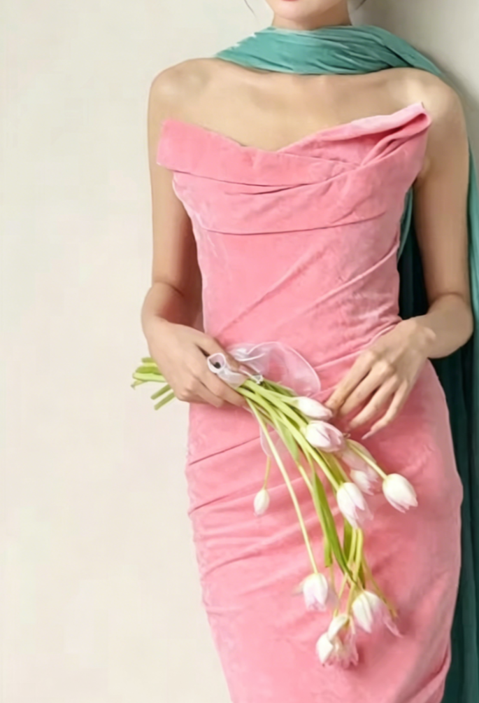 Elegant Strapless Pink Prom Dress With Scarf Velvet Sheath Evening Dress GG6418