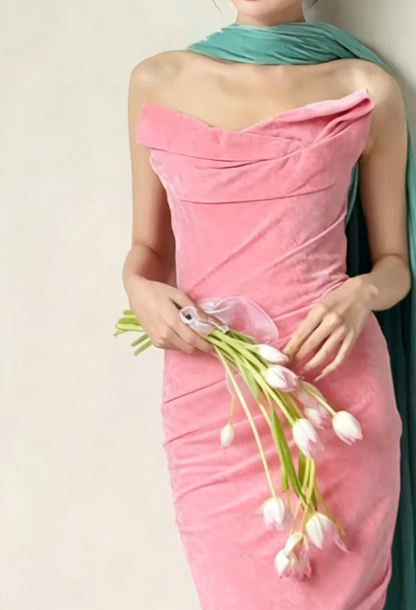 Elegant Strapless Pink Prom Dress With Scarf Velvet Sheath Evening Dress GG6418