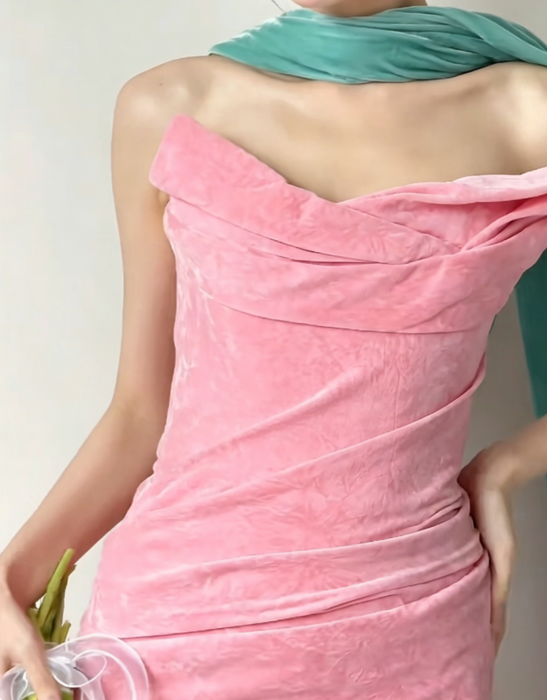 Elegant Strapless Pink Prom Dress With Scarf Velvet Sheath Evening Dress GG6418
