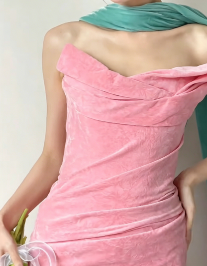 Elegant Strapless Pink Prom Dress With Scarf Velvet Sheath Evening Dress GG6418