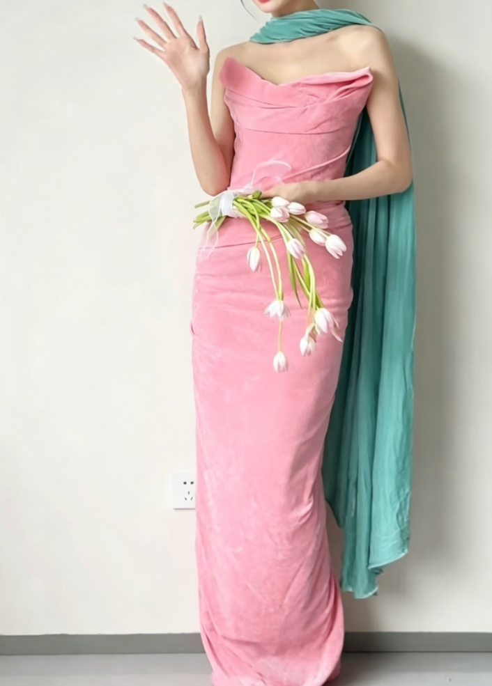 Elegant Strapless Pink Prom Dress With Scarf Velvet Sheath Evening Dress GG6418
