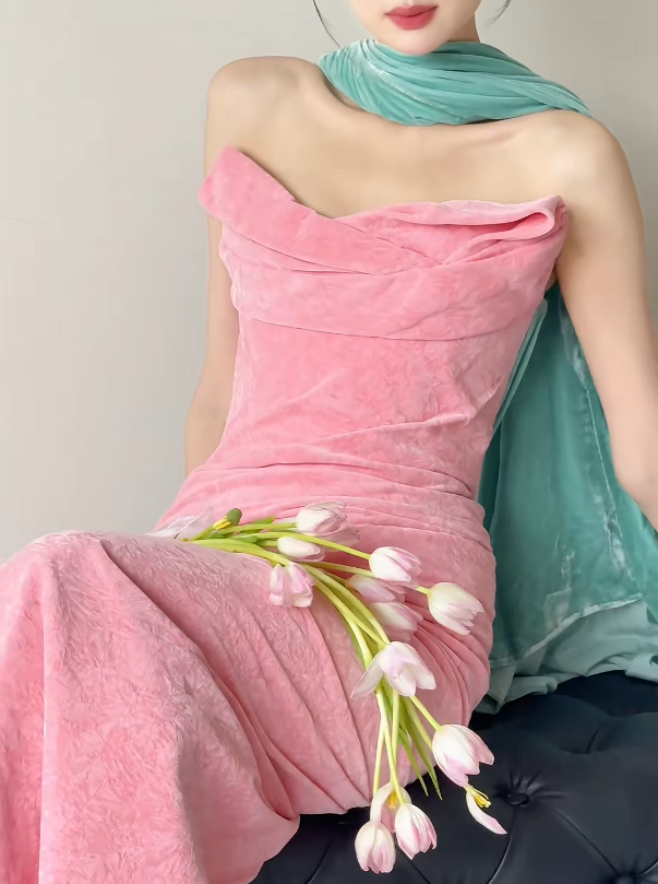 Elegant Strapless Pink Prom Dress With Scarf Velvet Sheath Evening Dress GG6418
