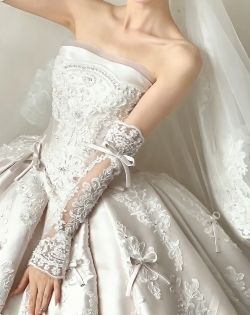 Attractive Strapless Appliques Wedding Dress Bows Satin A-Line Bridal Dress GG6419