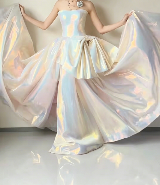 Iridescent Strapless White Prom Dress Satin Bow A-Line Evening Dress GG6421