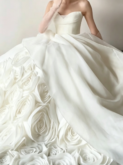 Glam Strapless Handmade Flowers Wedding Dress Satin A-Line Bridal Dress GG6422