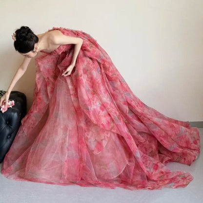 Unique Strapless Pink Prom Dress Floral Ruffles A-Line Evening Dress GG6424