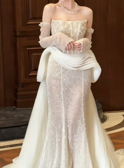 Elegant Strapless Ruffles White Wedding Dress Sequins Beaded Mermaid Bridal Dress GG6425