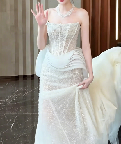 Elegant Strapless Ruffles White Wedding Dress Sequins Beaded Mermaid Bridal Dress GG6425