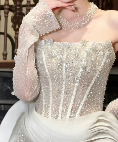 Elegant Strapless Ruffles White Wedding Dress Sequins Beaded Mermaid Bridal Dress GG6425