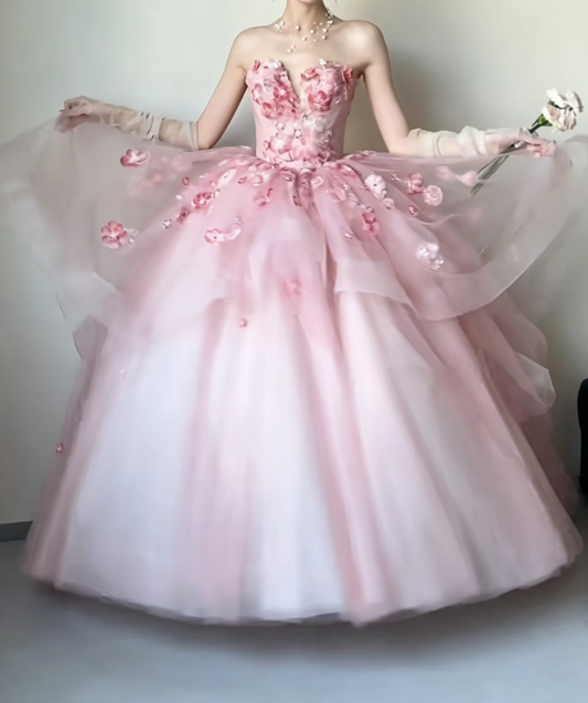 Ornate Strapless Pink Prom Dress Floral Beads Tulle A-Line Evening Dress GG6429