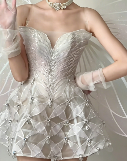 Luxurious Strapless White Homecoming Dress Beaded A-Line Birthday Dress GG6430