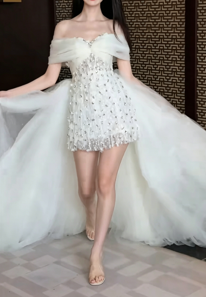 Chic Off-Shoulder White Homecoming Dress With Train Crystals A-Line Birthday Dress GG6435