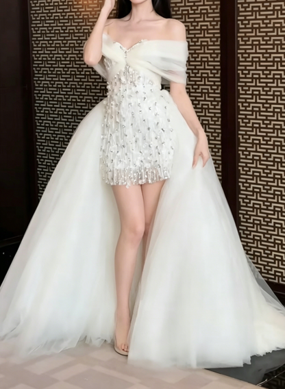 Chic Off-Shoulder White Homecoming Dress With Train Crystals A-Line Birthday Dress GG6435
