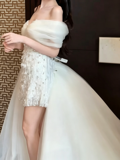 Chic Off-Shoulder White Homecoming Dress With Train Crystals A-Line Birthday Dress GG6435
