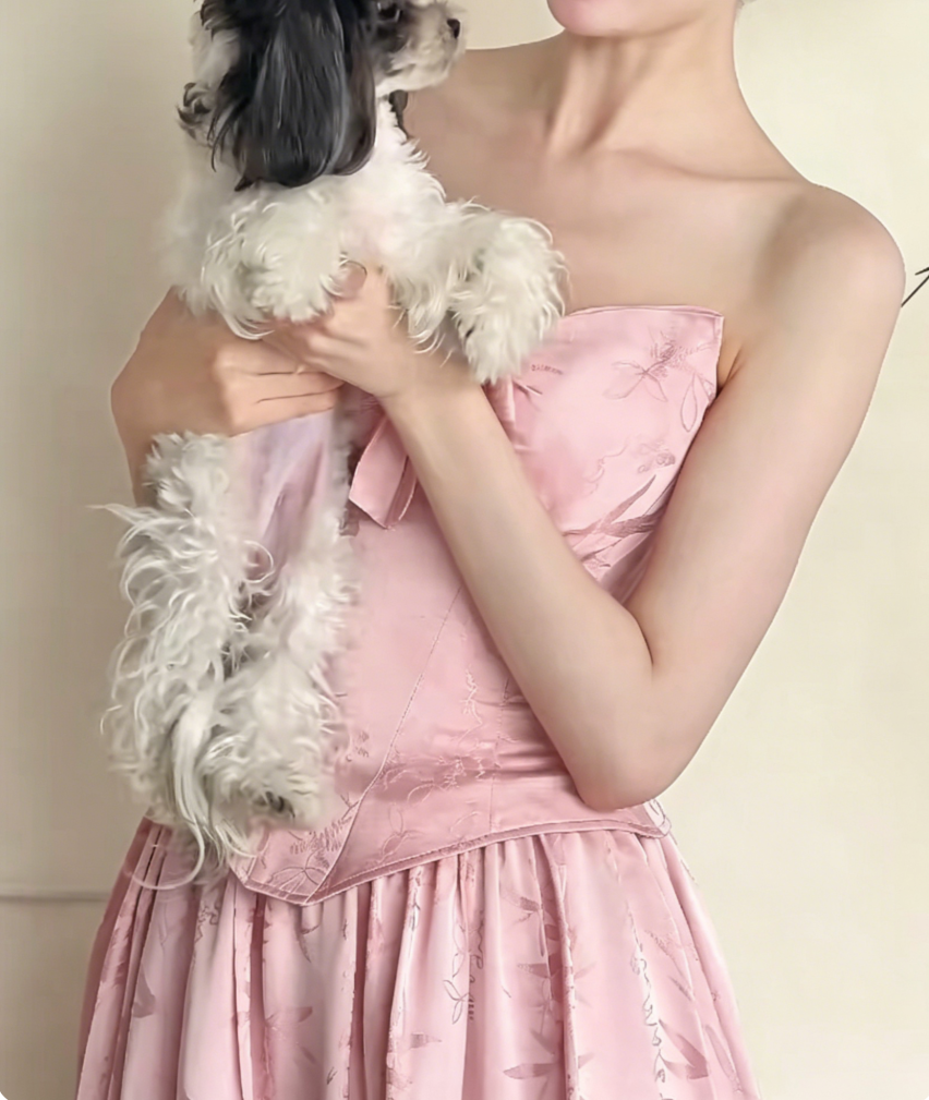 Sweet Strapless Pink Prom Dress Jacquard Bow A-Line Evening Dress GG6436