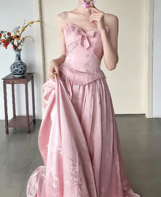 Sweet Strapless Pink Prom Dress Jacquard Bow A-Line Evening Dress GG6436