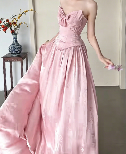 Sweet Strapless Pink Prom Dress Jacquard Bow A-Line Evening Dress GG6436