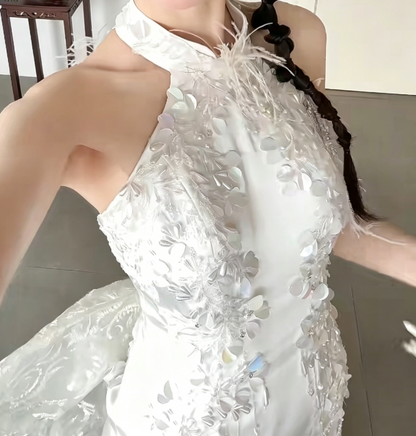 Chic Halter Neck Wedding Dress Beading Sequins Mermaid Bridal Dress GG6437