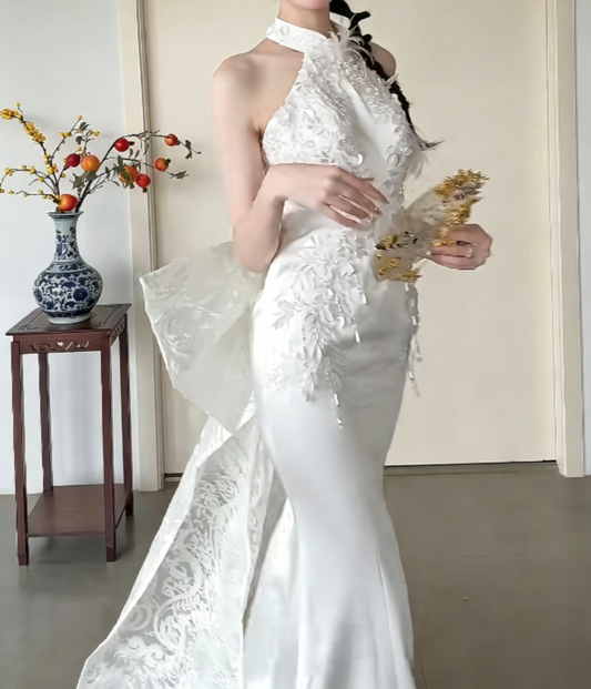 Chic Halter Neck Wedding Dress Beading Sequins Mermaid Bridal Dress GG6437