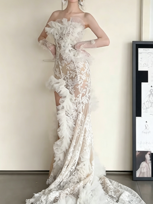 Unique Strapless Slit Beige Wedding Dress Lace Ruffles Tulle Mermaid Bridal Dress GG6438