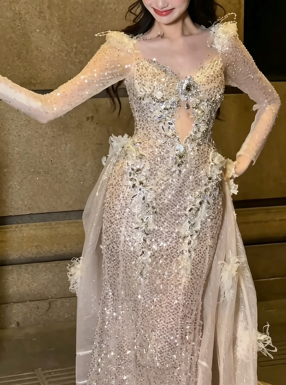 Glam Sweetheart Neck Sequins Prom Dress Long Sleeve Beaded Mermaid Evening Dress GG6445