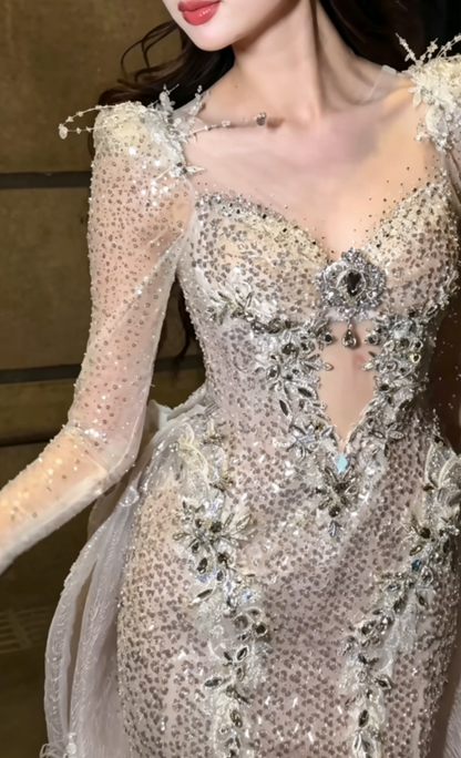 Glam Sweetheart Neck Sequins Prom Dress Long Sleeve Beaded Mermaid Evening Dress GG6445