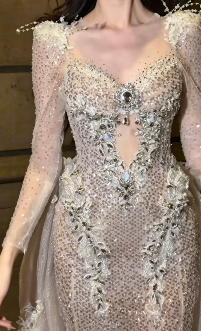 Glam Sweetheart Neck Sequins Prom Dress Long Sleeve Beaded Mermaid Evening Dress GG6445