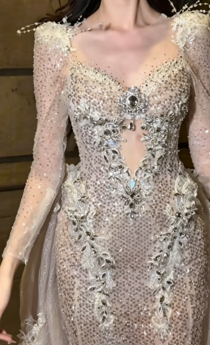 Glam Sweetheart Neck Sequins Prom Dress Long Sleeve Beaded Mermaid Evening Dress GG6445
