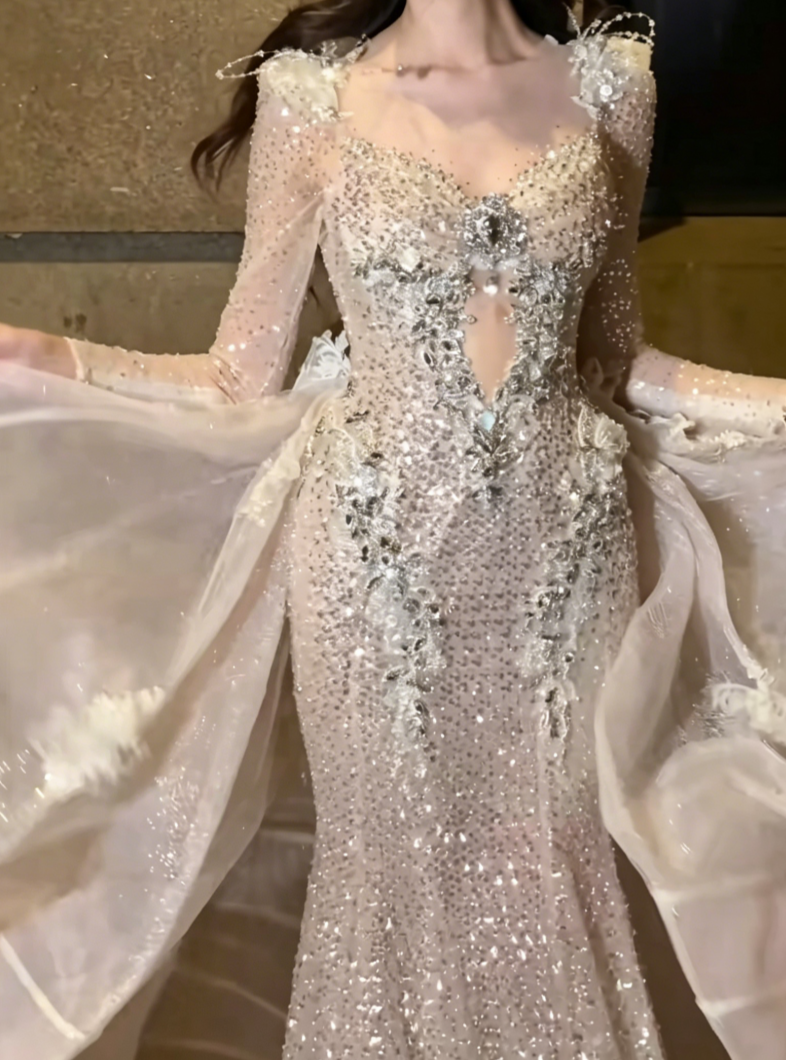 Glam Sweetheart Neck Sequins Prom Dress Long Sleeve Beaded Mermaid Evening Dress GG6445